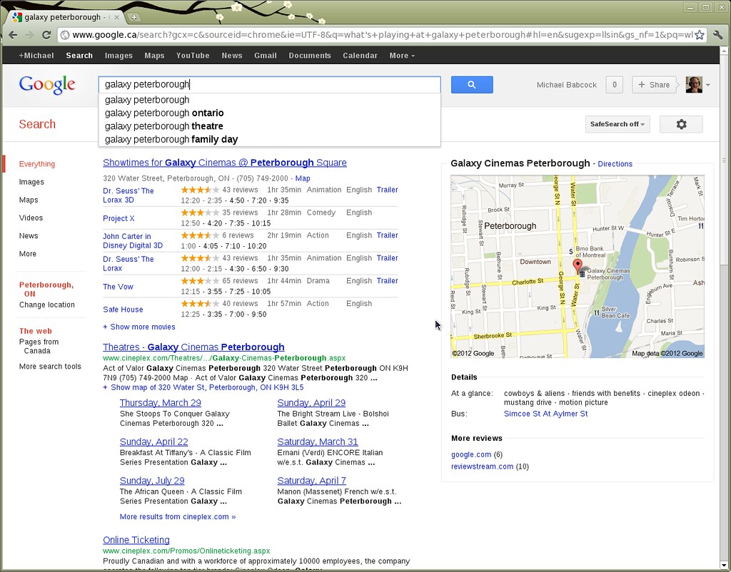 Search engine results page with a map